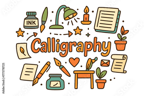 Whimsical Calligraphy Doodles. Calligraphy. Hand-drawn doodle illustration of calligraphy. Ink bottle, brush,