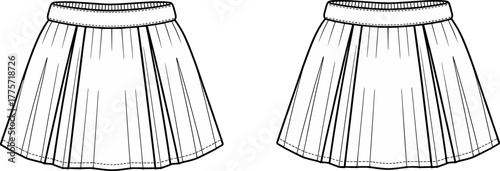 Pleated skirt technical drawing, fashion flat illustration, waistband detail, sewing pattern sketch, garment design vector, clothing template, line art