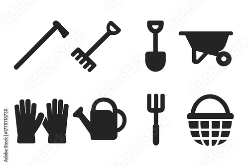 Black Farm Tools Icons. Farm tools. Filled icon set of farm tools: hoe, rake, shovel, wheelbarrow, gloves,