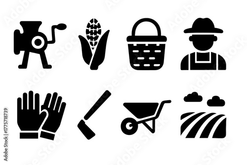 Family Farming Icons. Family farming. Filled icon set of family farming: hand-cranked corn sheller, corn cob,
