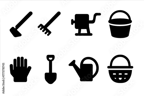 Field Tools Icons. Field tools. Filled icon set of field tools: hoe, rake, hand-cranked sheller, bucket,