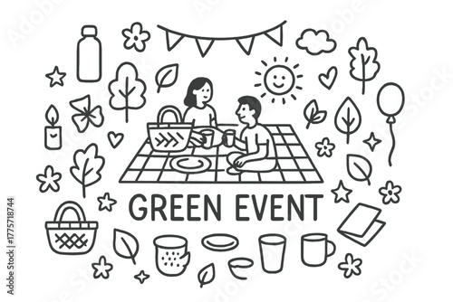 Green Picnic Doodle. Green events. Hand-drawn doodle illustration of green events. In the middle, one slightly