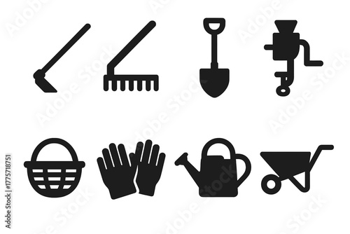 Agricultural Tools Icons. Agricultural tools. Filled icon set of agricultural tools: hoe, rake, shovel,