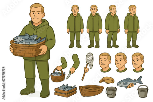 Fisherman Character Builder. Cartoon realistic vector illustration, Character constructor style, isolated