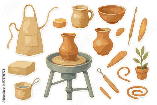 Watercolor Pottery Stickers. Pottery wheel and ceramic vase. Realistic hand-painted watercolor style sticker