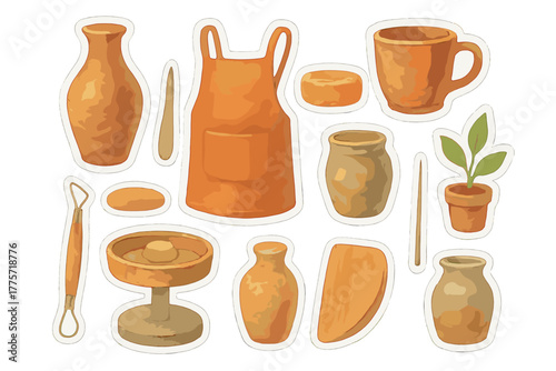 Watercolor Pottery Stickers. Handmade pottery set. Realistic hand-painted watercolor style sticker sheet of