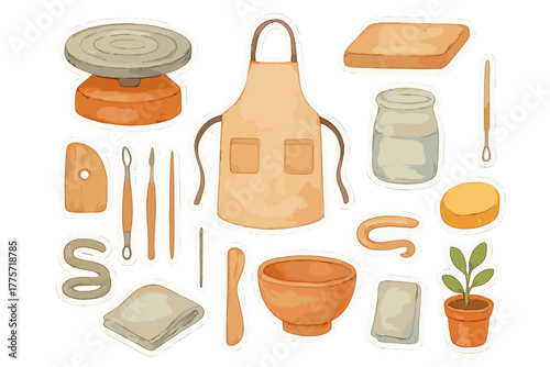Pottery Workspace Stickers. Pottery workspace essentials. Realistic hand-painted watercolor style sticker