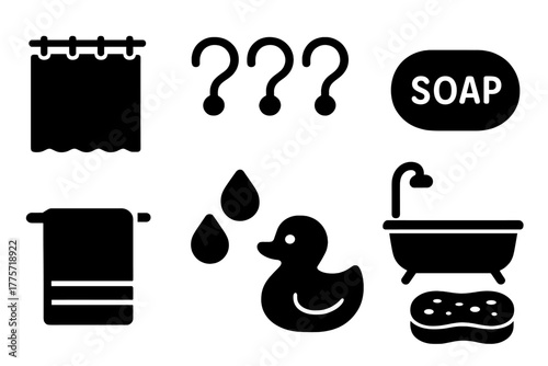 Shower Curtain Icon Set. Shower curtain design. Filled icon set of shower curtain design: shower curtain,