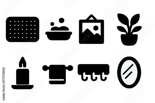 Decorative Icon Set. Decorative touches. Filled icon set of decorative touches: bath mat, soap dish, wall art,