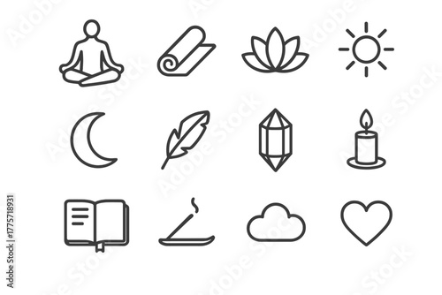 Yoga Icons Collection. Yoga and reflection. Line outline icon set of yoga and reflection: yoga pose, mat,