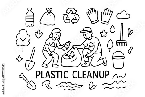 Plastic Cleanup Doodle. Plastic waste reduction. Hand-drawn doodle illustration of plastic waste reduction. In