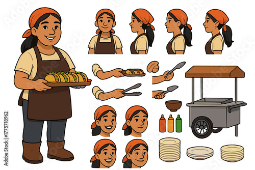 Street Vendor Character Kit. Cartoon realistic vector illustration, Character constructor style, isolated