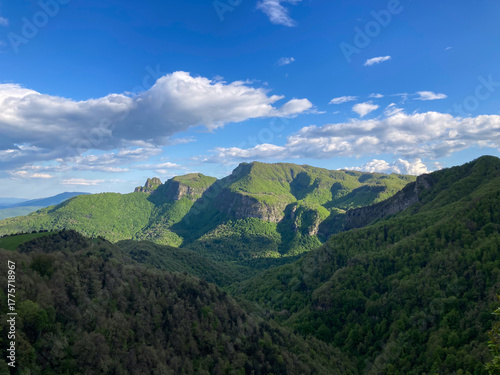 Bild auf Leinwand Green mountain range landscape with forests and blue sky in Catalonia