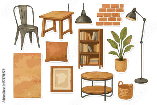 Watercolor Loft Decor Stickers. Industrial loft decor. Realistic hand-painted watercolor style sticker sheet