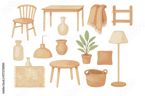 Scandinavian Watercolor Sticker Set. Scandinavian interior style. Realistic hand-painted watercolor style