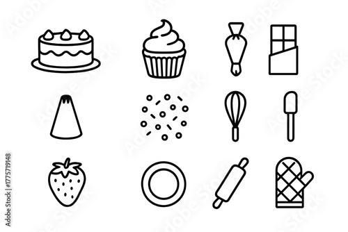 Decorative Baking Icons. Decorative baking. Line outline icon set of decorative baking: cake, cupcake,