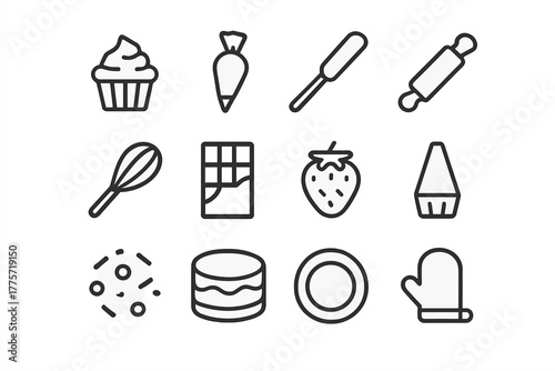 Pastry Icon Set. Pastry decorating. Line outline icon set of pastry decorating: cupcake, frosting bag, spatula
