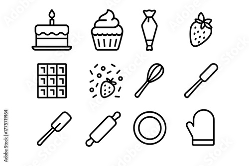 Creative Dessert Icons. Creative desserts. Line outline icon set of creative desserts: cake, cupcake, frosting