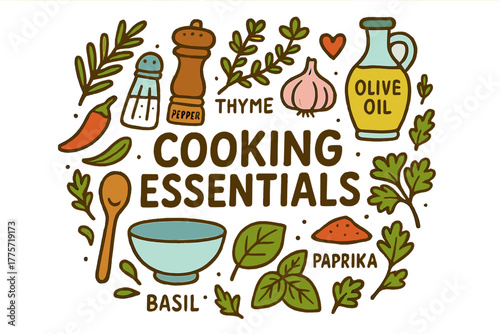 Culinary Doodle Art. Cooking Essentials. Hand-drawn doodle illustration of cooking essentials. Salt shaker,