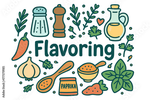 Flavorful Doodle Art. Flavoring. Hand-drawn doodle illustration of flavoring. Salt shaker, pepper grinder,
