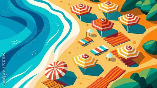 Top view of a colorful beach with umbrellas, towels, lounge chairs and waves hitting the sandy shore