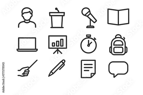 Presentation Skills Icons. Presentation skills practice. Line outline icon set of presentation skills practice