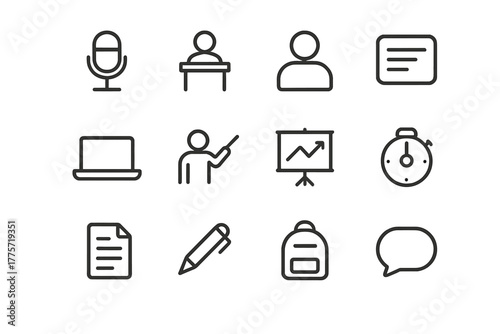 Speech Coaching Icons. Speech coaching. Line outline icon set of speech coaching: microphone, podium, student,