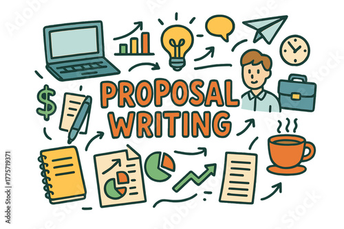 Proposal Writing Doodle. Proposal Writing. Hand-drawn doodle illustration of proposal writing. Laptop,