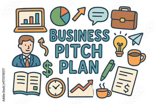 Doodle Business Pitch. Business Pitch Plan. Hand-drawn doodle illustration of business pitch plan. Person,