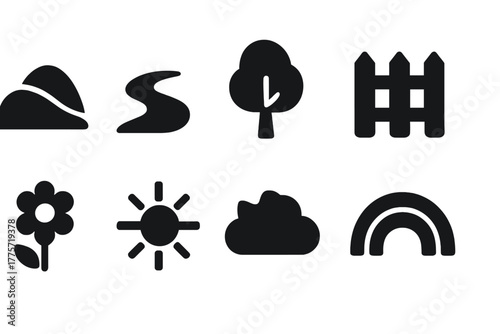 Peaceful Landscape Icons. Peaceful landscape. Filled icon set of peaceful landscape: hill, river, tree, fence,