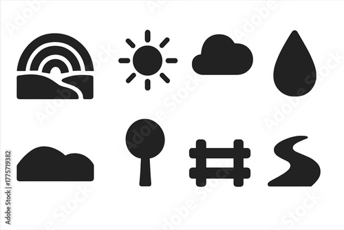 Countryside Rainbow Icons. Rainbow over countryside. Filled icon set of rainbow over countryside: rainbow, sun