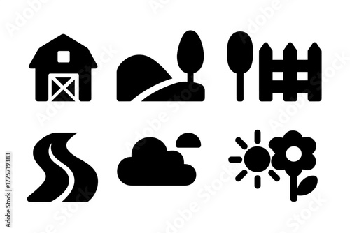 Countryside Icons Set. Countryside scenery. Filled icon set of countryside scenery: barn, hill, tree, fence,