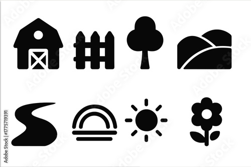 Serene Farm Icons. Serene farm. Filled icon set of serene farm: barn, fence, tree, hill, river, rainbow, sun,