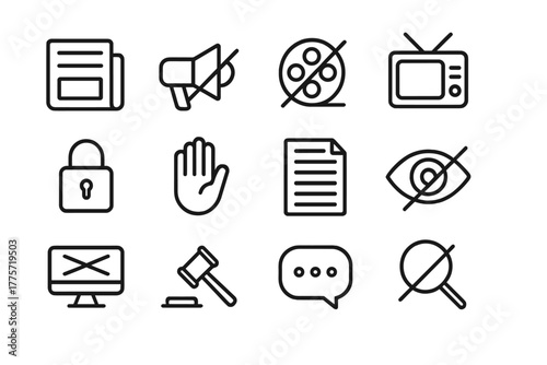 Media Censorship Icons. Media censorship. Line outline icon set of media censorship: newspaper, megaphone,