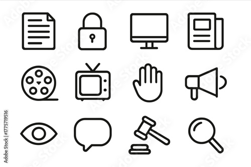Restricted Content Icons. Restricted content. Line outline icon set of restricted content: redacted document,