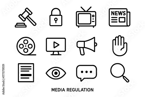 Media Regulation Icons. Media regulation. Line outline icon set of media regulation: gavel, lock, television,