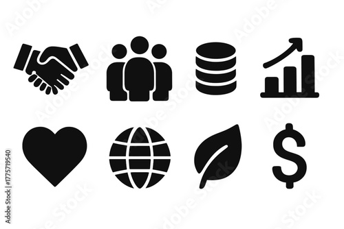 Social Enterprise Icon Set. Social enterprise funding. Filled icon set of social enterprise funding: handshake