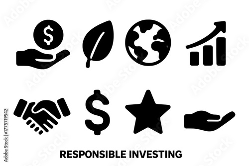 Responsible Investment Icons. Responsible investing. Filled icon set of responsible investing: hand holding