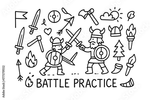 Viking Battle Practice Doodle. Battle practice. Hand-drawn doodle illustration of battle practice. In the