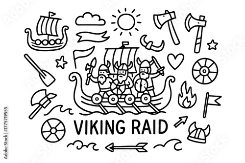Viking Raid Doodle. Viking raid. Hand-drawn doodle illustration of Viking raid. In the middle, one slightly