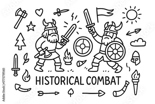 Viking Battle Doodle. Historical combat. Hand-drawn doodle illustration of historical combat. In the middle,