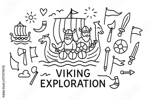 Viking Exploration Doodles. Viking exploration. Hand-drawn doodle illustration of Viking exploration. In the
