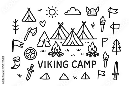 Viking Camp Doodle. Viking camp. Hand-drawn doodle illustration of Viking camp. In the middle, one slightly
