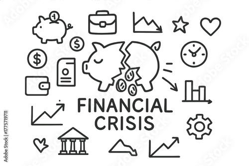 Breaking Piggy Bank. Financial crisis. Hand-drawn doodle illustration of financial crisis. In the middle, one