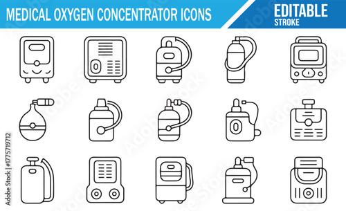 Oxygen Therapy Device Icons – Editable Stroke Vector Collection for Healthcare and Medical Use