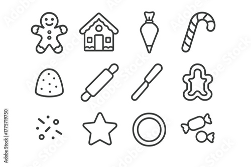 Christmas Baking Icons. Christmas baking. Line outline icon set of Christmas baking: gingerbread man,