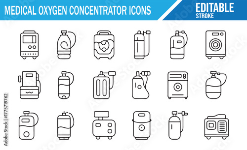 Portable Medical Oxygen Concentrator Icons – Editable Stroke Vector Set for Healthcare and Respiratory Devices