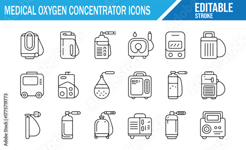 Medical Oxygen Concentrator Icons Set – Editable Stroke Vector Illustrations of Portable and Stationary Oxygen Machines, Respiratory Devices, and Healthcare Equipment