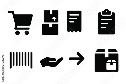 Retail Icons Set. Retail operations. Filled icon set of retail operations: shopping cart, boxes, receipt,