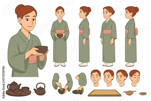 Tea Ceremony Elements. Cartoon realistic vector illustration, Character constructor style, isolated